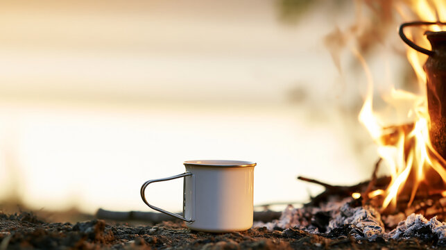 Rustic white metal camping mug near a glowing campfire for outdoor adventure on transparent background.