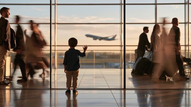 Silhouette of a Child with Blurred Adults and Departing Plane Through Glass