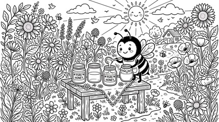 Fototapeta premium A happy bee wearing an apron pouring honey into glass jars on a wooden table surrounded by sunflowers and wildflowers coloring page