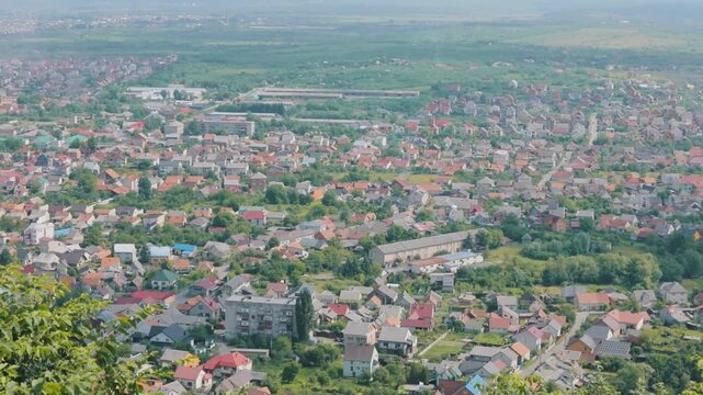 Aerial Panorama of Khust Town with Carpathian Mountains, Ukraine