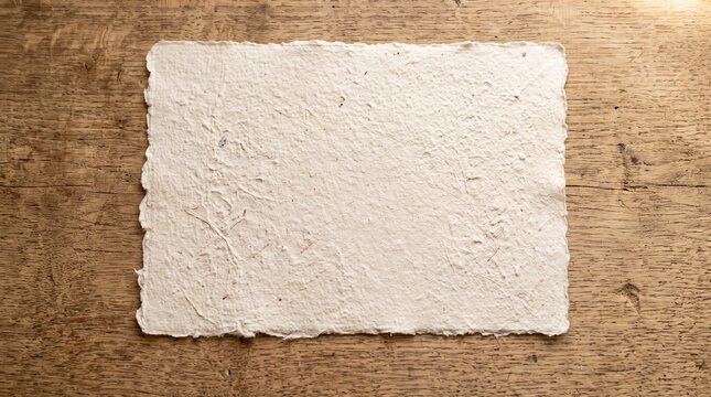 Blank handmade paper sheet on a rustic wooden table background
