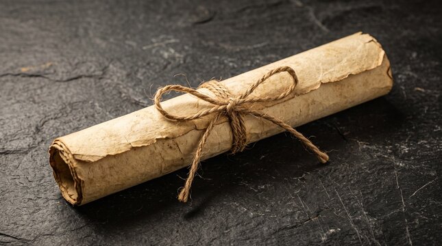 Old rolled paper scroll tied with twine string on a dark slate table