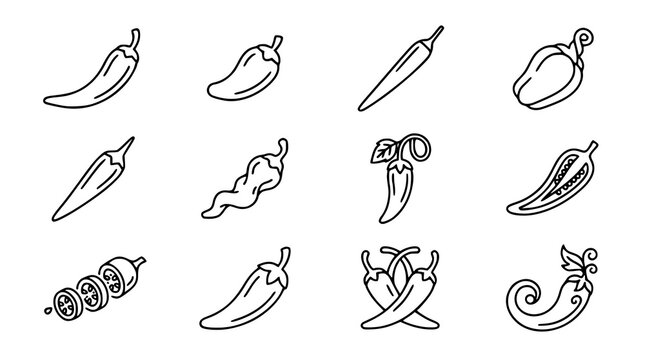 :
Chili Pepper Outline Icon Set with Spicy Food Editable Stroke Vector Collection