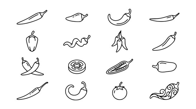 :
Chili Pepper Line Icon Collection with Minimal Food Outline Vector Set