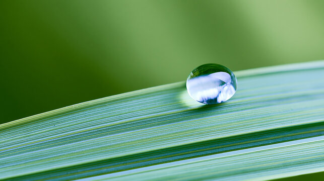 Clear dew drop on green leaf blade isolated on transparent background. A fresh, reflective water droplet sitting on a bright green plant surface, nature, ecology theme.