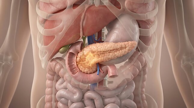 3D Illustration of Pancreatic Cancer Tumor in Human Digestive System