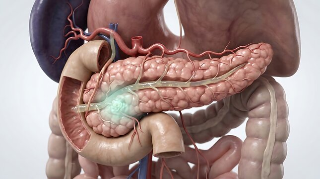 3D Medical Illustration of Pancreatic Cancer Tumor in Human Anatomy