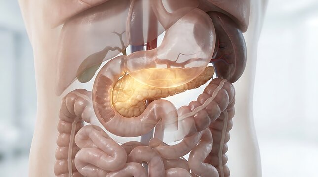 Human Pancreas Highlighted in Abdominal Digestive System Anatomy