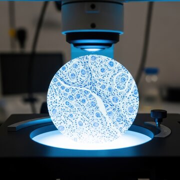 Illuminated magnified biological specimen under a microscope in a laboratory research setting