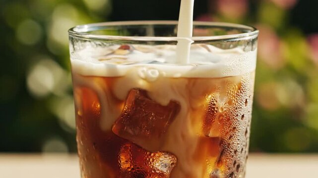 Pouring Milk into Iced Coffee Close up Slow Motion Refreshing Summer Drink
