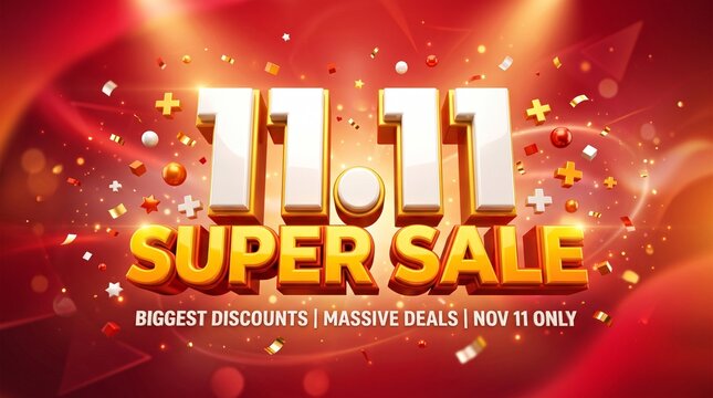 11.11 super sale banner with golden glitter typography on vibrant red festive background for shopping promotion