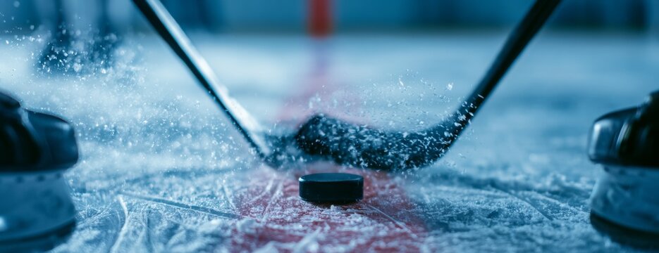 Hockey players battling for the puck on ice rink during game, close-up photo  