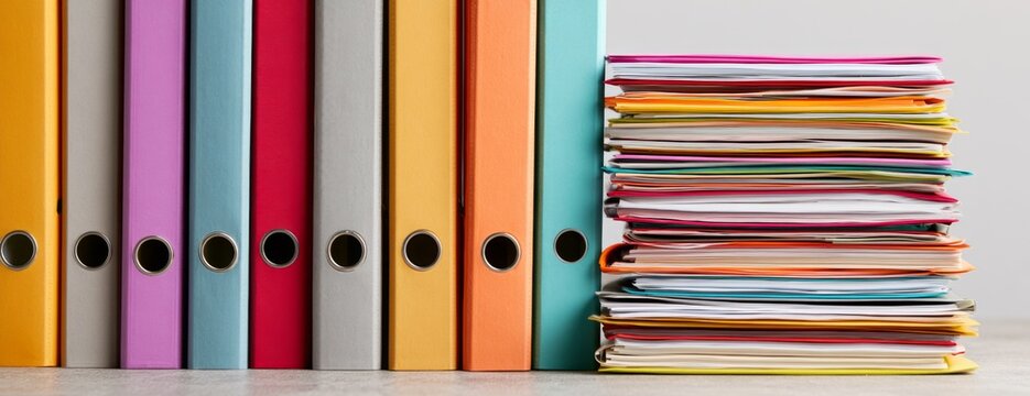 Colorful file folders and stacked papers on a table in office setting  
