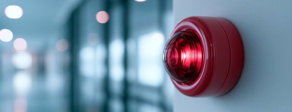 Red fire alarm system mounted on white wall in modern office  