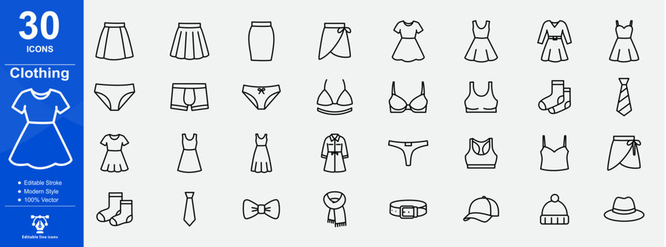Collection of thirty clothing icons featuring dresses skirts and undergarments in a line style