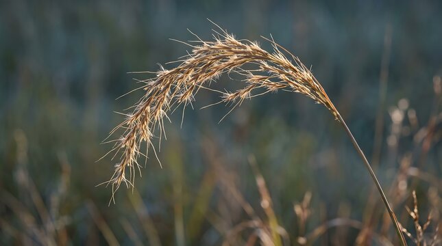 Curved grass seed structure bending gracefully against a softly blurred woodland background with warm natural light