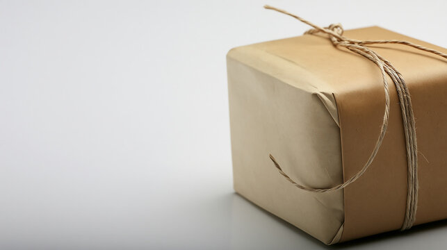 Close up of a brown paper wrapped gift box with string, isolated on transparent background highlighting a cute parcel for special occasions