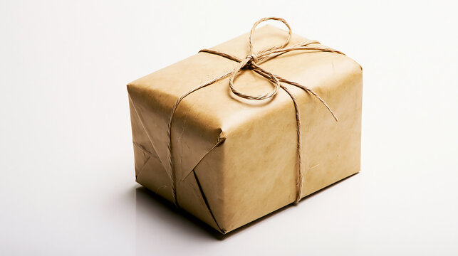 Brown paper wrapped gift package tied with twine, isolated on transparent background representing a traditional parcel for mailing and giving