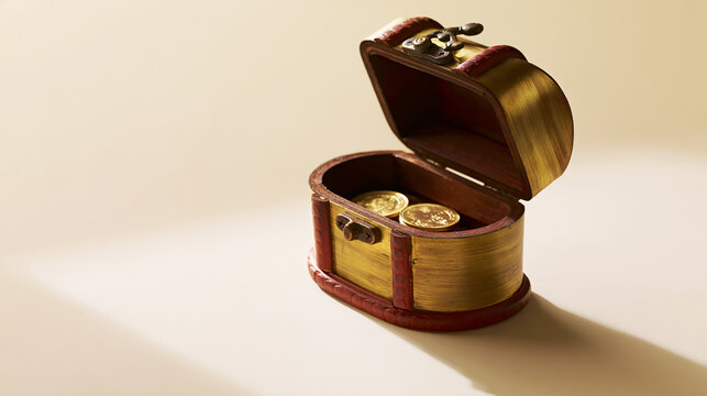 Small vintage treasure chest with gold coins, isolated on transparent background symbolizing wealth, savings, and financial fortune