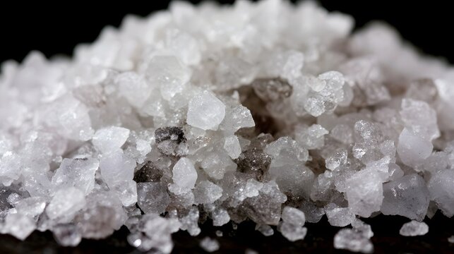Close up of coarse white salt crystals with sharp edges and subtle gray mineral inclusions against a dark background