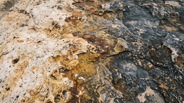 Natural limestone rock surface with layered cream, ochre, brown, and charcoal tones, creating an organic geological texture ideal for backgrounds and material design