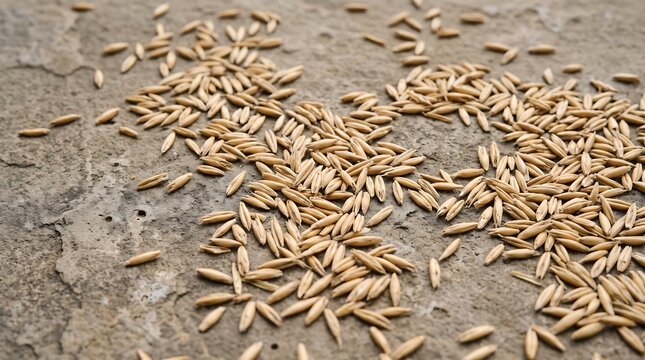 Oat grains scattered across a textured stone surface, highlighting natural cereal grains and wholesome agricultural ingredients for food, nutrition, and farming concepts.