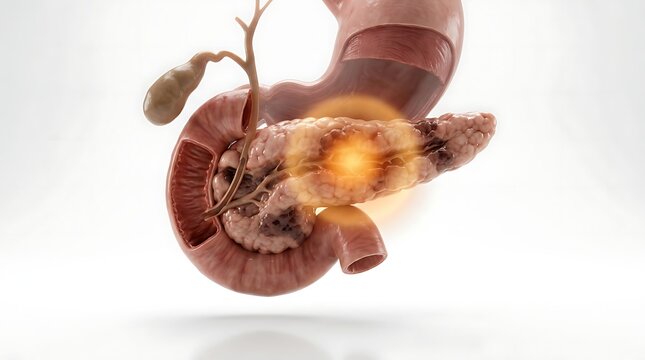 3D Medical Illustration of Pancreatic Cancer Highlighted in Orange