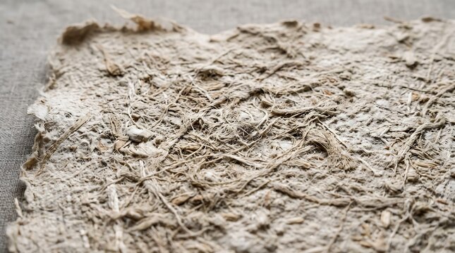 Natural recycled plant fiber sheet with coarse organic fibers and handmade texture, showcasing sustainable paper material for eco friendly design and environmental concepts.