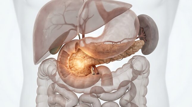 3D Illustration of Pancreatic Cancer Highlighted in Digestive System