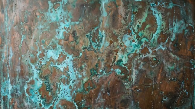 Aged copper metal surface with turquoise patina, oxidation and weathered texture for industrial abstract backgrounds