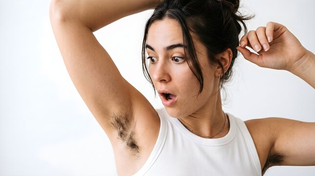Woman with arm raised showing underarm hair body positive underarm aesthetic