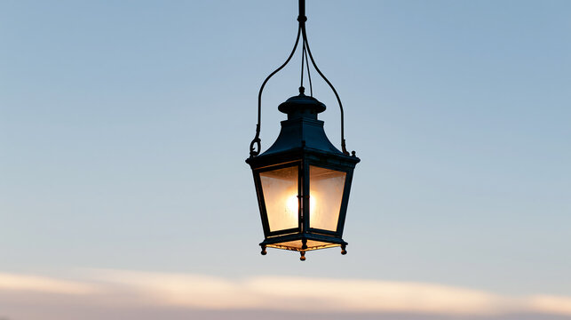 Ornate vintage lantern isolated on transparent background. A hanging street light with warm illumination against a twilight sky, creating a serene, timeless, and architectural design element.