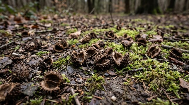Beech nut shells scattered on damp forest soil with moss, autumn foliage and natural woodland texture