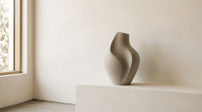 Minimal ceramic sculptural vase on a pedestal in a bright neutral interior with soft natural window light