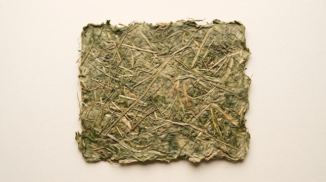 Compressed dried grass fiber sheet with natural botanical strands and earthy texture on a neutral background