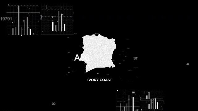 C�te d'Ivoire map animation showcasing economy, infrastructure, technology, population, energy, trade, and national development data for presentations, films, documentaries, and motion graphics.