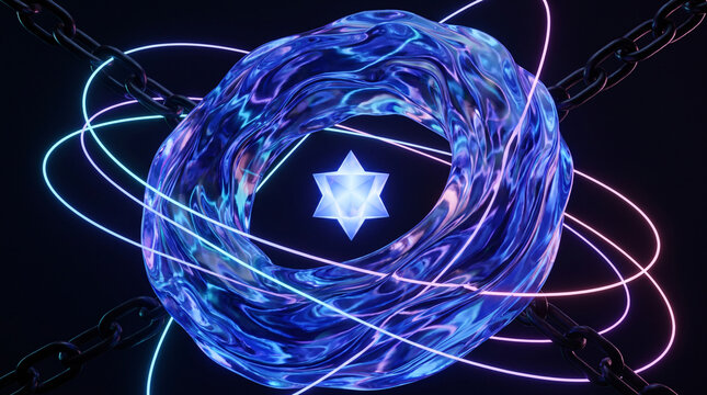 Abstract 3D rendering with a glowing glass ring, glowing star symbol, neon orbits, and chains