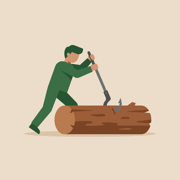 Flat vector illustration of a worker moving a timber log with a hook