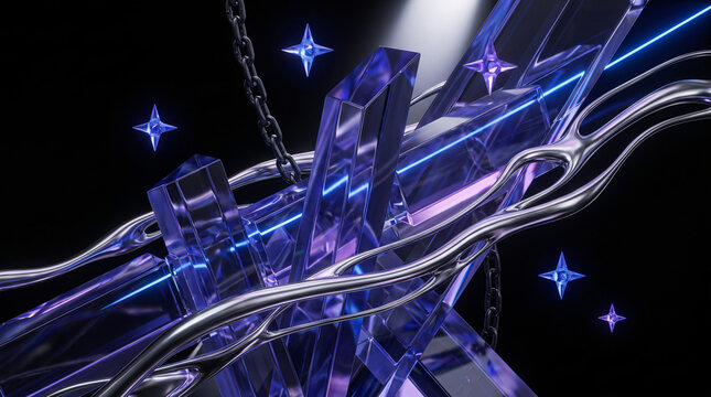 Abstract 3D Render of Intertwined Crystal and Metallic Elements with Glowing Blue Stars