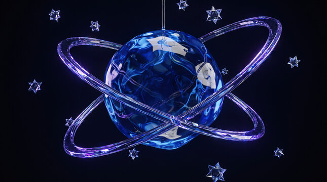 Abstract 3D illustration of a blue glass planet ornament with glowing rings and stars on a dark background
