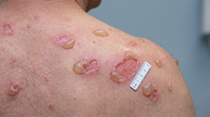 Fototapeta premium Realistic Clinical Close Up of Pemphigus Vulgaris with Superficial Skin Erosions Medical Image