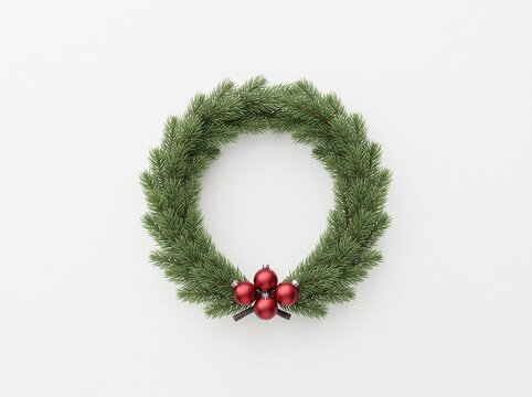 Classic green christmas wreath decorated with shiny red baubles and pine branches for winter holiday decor