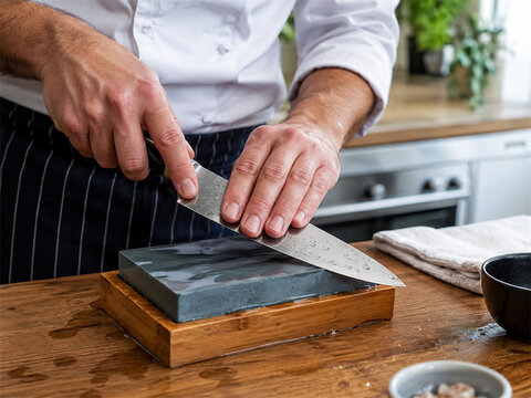 Chef sharpening a large kitchen knife on a rectangular whetstone with careful hand placement at a professional work surface demonstrating culinary blade maintenance and preparation