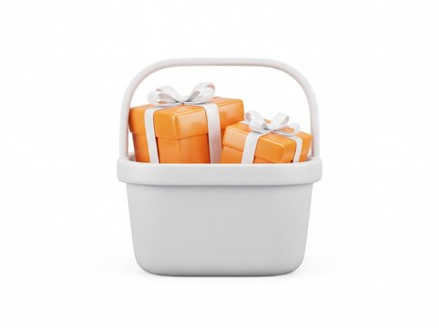 Two orange gift boxes with white ribbons placed inside a simple plastic shopping basket for holiday sales
