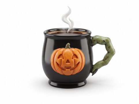 Black coffee mug with a spooky orange pumpkin face design and a unique green vine handle for halloween party