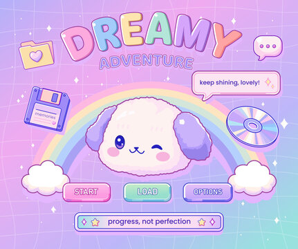 Y2K Retro Dreamy Adventure Web Interface with Cute Cloud Character, Rainbow, CD, Floppy Disk and Chat Icons