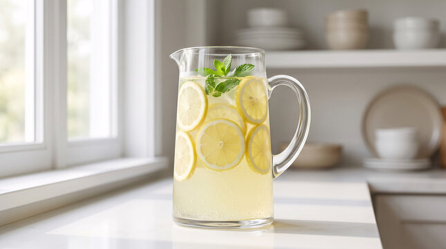 Refreshing pitcher of homemade lemonade with fresh lemon slices and mint leaves on a countertop