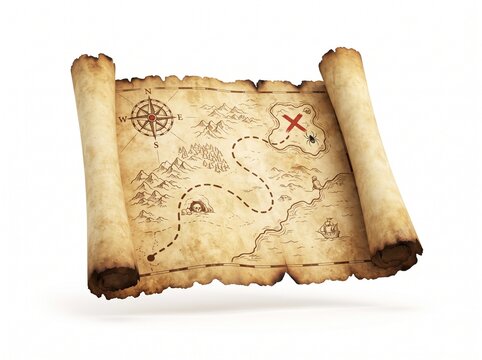 Old vintage treasure map on a rolled paper scroll with a compass rose and a marked red cross for adventure