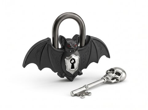 Black bat shaped metal padlock with a silver skull key for gothic home decor or dark fantasy holiday theme