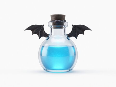 Small glass bottle with glowing blue magic potion and black bat wings isolated for halloween fantasy games